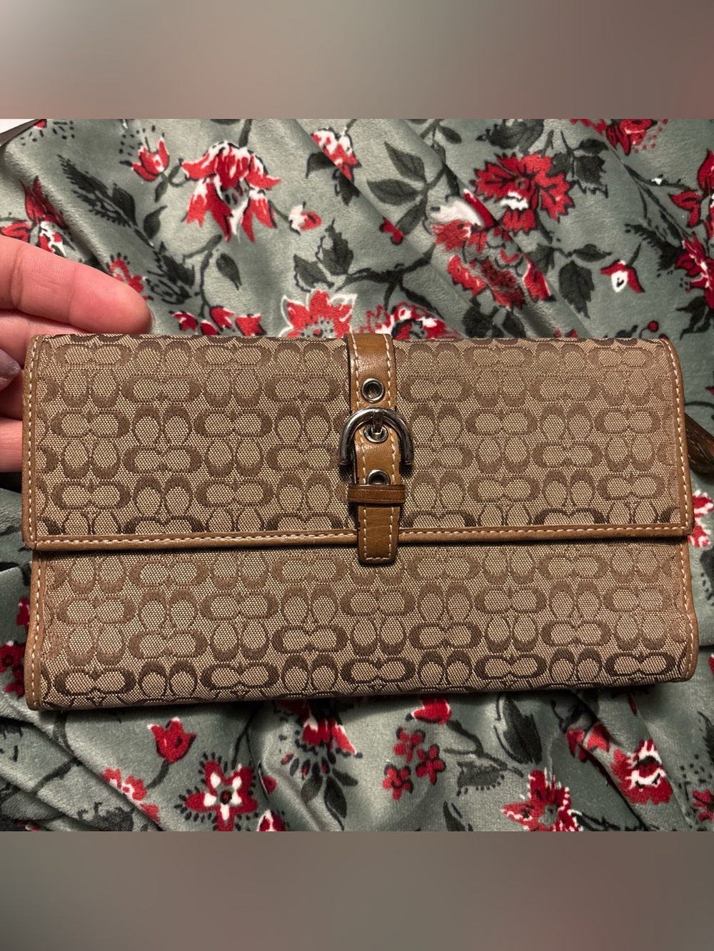 Coach Brown Signature Canvas Wallet with Buckle Trim